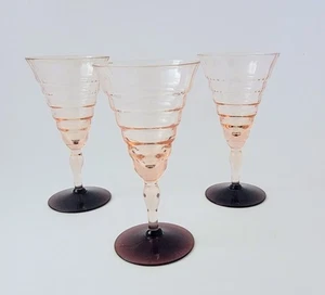 3 ~ Utility Glass Works Mandalay 1920's Pink Optic Wine Glasses w Amethyst Base - Picture 1 of 4