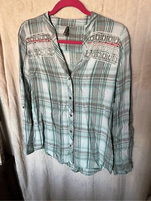 Top de mujer tocador a cuadros con encaje abotonado talla pequeña Foto 1 de 4