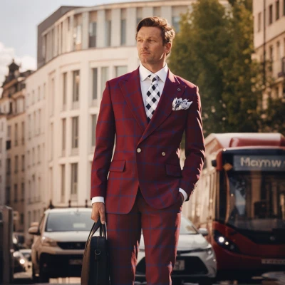 Red Men's Plaid Suits Slim Fit Double Breasted Peak Lapel Business Jacket Pants - Image 1 of 4