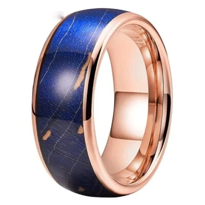 Anillo de carburo de tungsteno con incrustación de madera de anciano teñida azul de 8 mm banda anillo pulido cúpula Foto 1 de 4