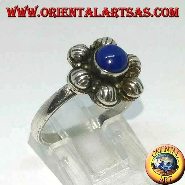 Anello in argento 925 ‰  a fiore con Lapislazzuli naturale tondo centrale - Immagine 1 di 1