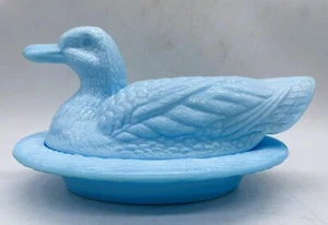 Vintage Westmoreland - blu latte vetro anatra Mallard - piatto caramelle nido coperto - Foto 1 di 8