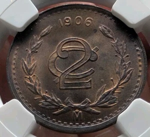 MEXICO ESTADOS UNIDOS 1906 2 CENTAVOS WIDE DATE UNCIRCULATED NGC MS63-RB - Picture 1 of 4