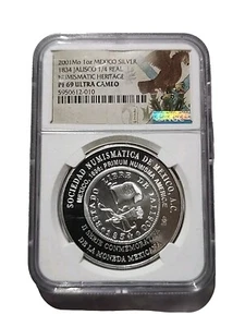 2001 MEXICO SILVER 1834 JALISCO 1/4 REAL NGC PF 69 ULTRA CAMEO EXTREMELY RARE - Picture 1 of 2