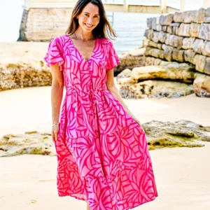 BOHO AUSTRALIA JOANNE MIDI DRESS - PINK MULTI- S TO XL - Picture 1 of 13