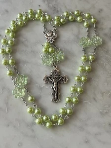 Handmade Our lady Of Lourdes Light Green Pearl Glass Catholic Rosary - Picture 1 of 6