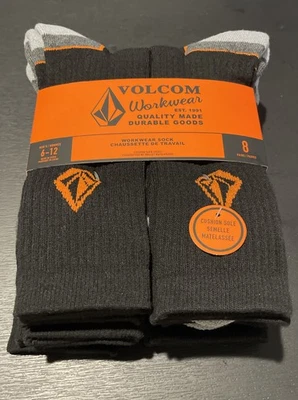 New Volcom Mega 8 Pack Workwear Active Full Cush Ribbed Crew Socks Black Logos - Image 1 of 4
