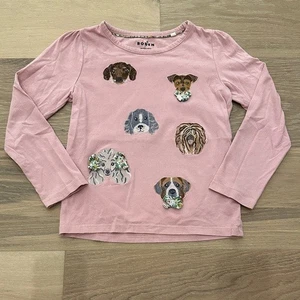Camiseta Mini Boden Rosa Manga Larga Niñas con Caras de Perro Bordadas Talla 5-6 Algodón - Imagen 1 de 5