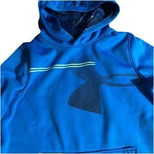 Under Armour Boys Blue YSM Hoodie Pocket Front Lime Green Trim And Logo - Picture 1 of 3
