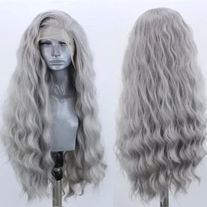 Long Wavy Grey Hair Synthetic Lace Front Wig for Women Pree Part Loose Curly ... - Picture 1 of 6
