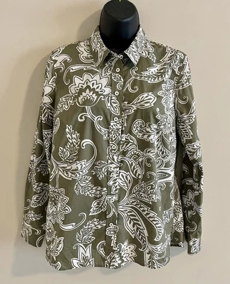 Talbots Petite Women's Cotton Front Button Down Green Paisley Blouse - Size Sml - Изображение 1 из 4