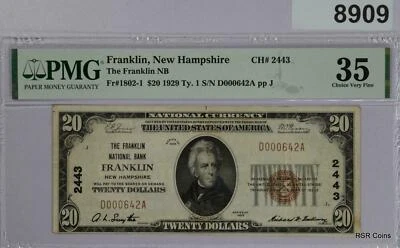 NEW HAMPSHIRE FRANKLIN-FRANKLIN NATIONAL BANK $20 1929 PMG CERTIFIED #8909 - Image 1 of 2