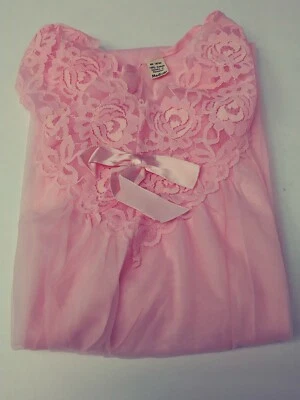 Camisón sedoso rosa mediano vintage raro años 60 para mujer, yugo de encaje y lazo ❤️ NUEVO Foto 1 de 4