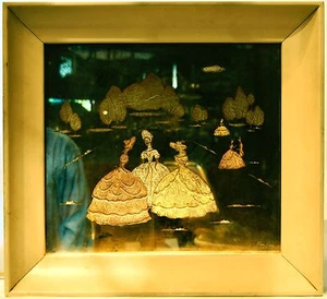 Framed 1930s Art Deco Back Lit Painting Crinoline Belles Frosted Mirrored Glass - Picture 1 of 3