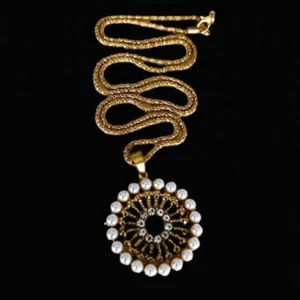 Men’s Gold Tone Faux Pearl Medallion Necklace, 30” Chain, Vintage Boho Rockstar - Picture 1 of 9