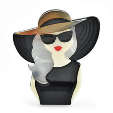 Acrylic Beautiful Lady Brooches For Women Modern Girl Figure Wear Glasses Hat