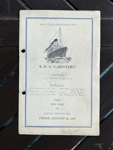 1932 RMS Carinthia 1st Class Passenger List - NY to Nassau/Havana - Cunard Line - Picture 1 of 3