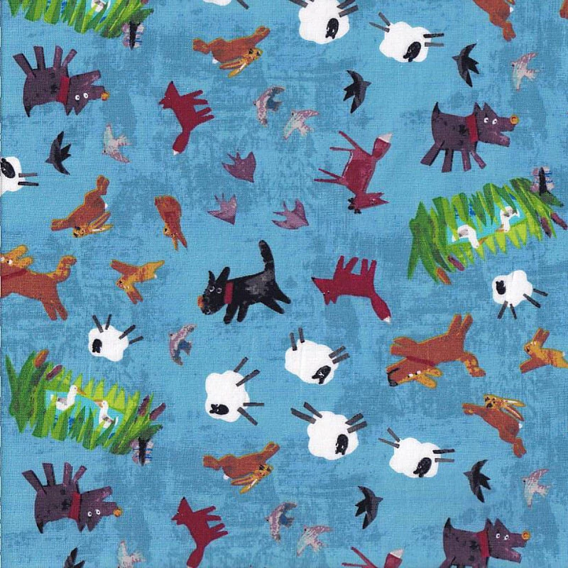 Animals on Blue Sheep Rabbit Dog Fox Bird Seasons Quilting Fabric 1/2 Metre - image 1 of 1