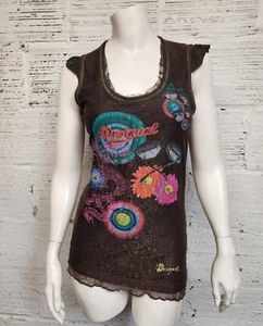 Vintage Desigual Women's Size S Lace Graphic Print Floral & Dragon Tank Top - Picture 1 of 10