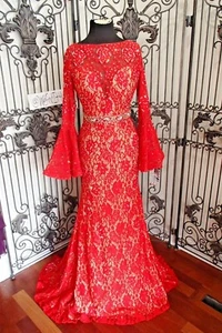 SR706 JOVANI SZ 6 RED NUDE lace $825 PROM FORMAL GOWN DRESS - Picture 1 of 8