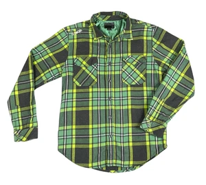 Billabong Mens Large Flannel Shirt Neon Green Plaid Tartan Long Sleeve Button Up - Picture 1 of 12