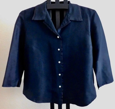 Amanda Smith 100% 真丝衬衫女式 14 码黑色纽扣前 3/4 袖 — 第 1/2 张图片