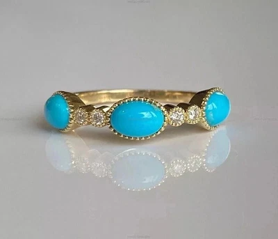 Anel de casamento feminino 2 quilates corte oval criado em laboratório turquesa acabamento em ouro amarelo 14K - Imagem 1 de 4