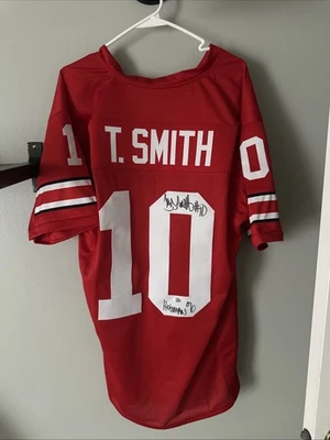 Camiseta de fútbol roja firmada 06 por Troy Smith con inscripción Heisman Ohio State College Foto 1 de 3