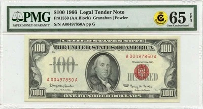 1966 $100 Legal Tender Note Red Seal Fr# 1550 PMG Gem65 EPQ GCC Gold - Image 1 of 2