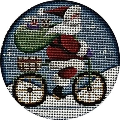 Needlepoint Handpainted Rebecca Wood Christmas Santa on Bicycle 4" - Image 1 of 4