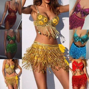 Girl Sequin Dance Dress Belly Dancer Jazz Costume Tassel Wrap Skirt Mini Skirt - Picture 1 of 25