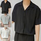 Korean Casual Solid Color Streetwear Men Striped Lapel Short Sleeve Shirt