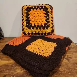 Handgefertigte gehäkelte afghanische Decke braun/orange Herbst Ernte 64x48 Zoll Überwurf mit Kissen - Bild 1 von 8