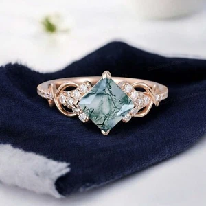 14k Yellow Gold  7 mm Princess Cut Moss Agate Diamond Twisted Bridal Gift Ring - Picture 1 of 11