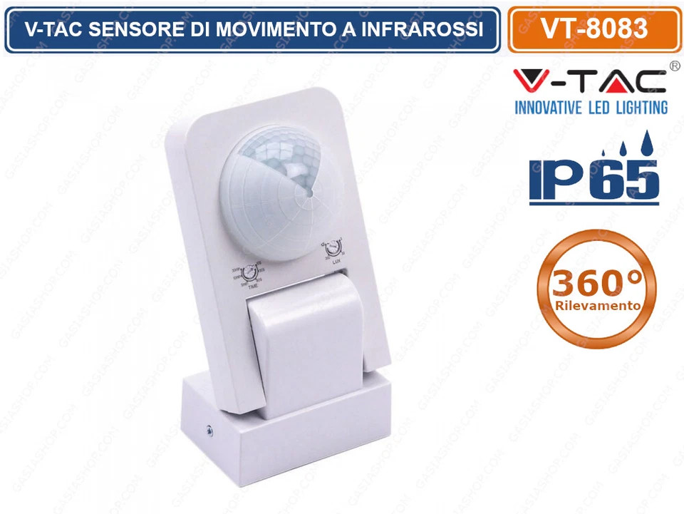 V-TAC VT-8083 SENSORE DI MOVIMENTO A INFRAROSSI PER LAMPADE LED IP65 BIANCO - Immagine 1 di 1