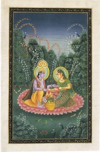 Hand Miniature Painting Of Radha Krishna In Love Scene On Silk Cloth 7x11 Inches - Picture 1 of 5