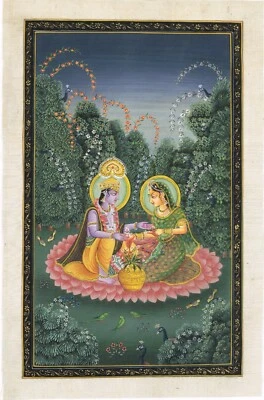 Pintura miniatura a mano de Radha Krishna escena enamorada en tela de seda 7x11 pulgadas Foto 1 de 4