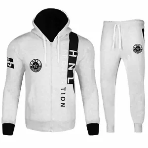 Mens Grey & Black Tracksuit HNL Print Hooded Fleece Zipped Top & Jogging Bottoms - Picture 1 of 8
