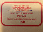 White Ace Us 1990 Commemorative Simplified Plate Block Supplement Pb-42S - Nos