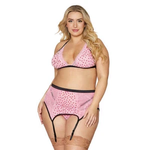 Dreamgirl Lingerie Flocked Heart Mesh and Lace 3 Piece Garter Set Pink 12678X - Picture 1 of 5