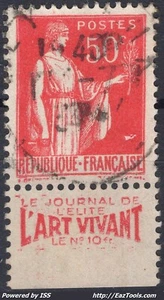 FRANCE TYPE PAIX N° 283 BANDELETTE PUB L'ART VIVANT AVEC OBLITERATION - Picture 1 of 2