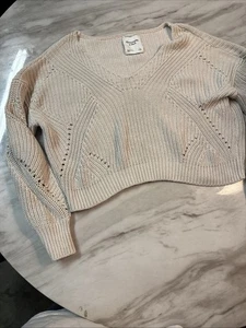 Abercrombie & Fitch Women Croptop Knit Sweater Size Small, Cotton, V-neck LS 🔥 - Picture 1 of 17