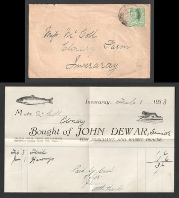 GB KGV Fish & Rabbit Merchant John Dewar Inveraray 1933 Receipt in 1/2d Cover - Image 1 of 3