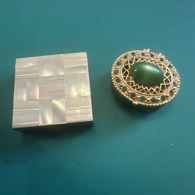 VINTAGE PILL BOX LOT(2) MOP BRASS GREEN RHINESTONE CABOCHON GOLD TONE ESTATE  - Image 1 of 4