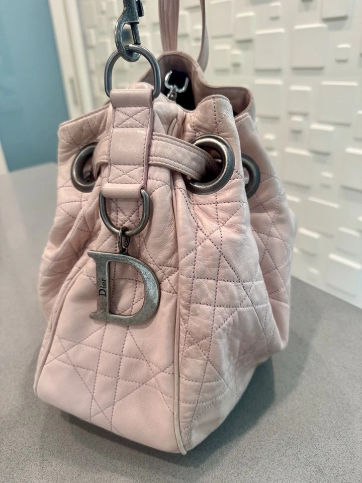 Authentic Christian Dior Cannage-quilted Pink Soft Leather Drawstring Bucket Bag - Image 1 of 4