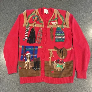 Suéter Cárdigan Navidad Susan Bristol Petites Rojo Granero Perro Mediano - Imagen 1 de 5