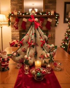 Vtg Stuffed Fabric Christmas Tree 13" Poinsettia Holly Rick Rack Plush Handmade - Picture 1 of 8