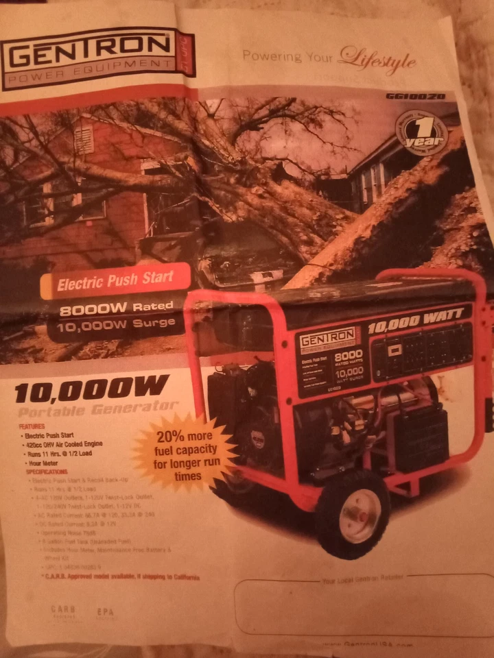 Gentron GG10020 8000 Вт / 10 000 Вт портативный push start работает 11 ч Wr электрический стартер - Изображение 1 из 1