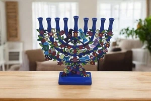 Yair Emanuel große blaue Menora Chanukka Design mit Vögeln im Laserschliff Metall - Bild 1 von 14