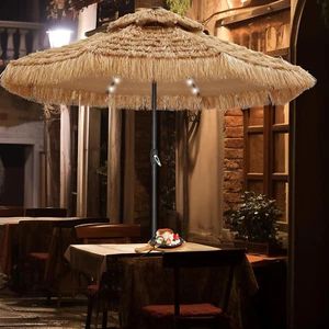 9 Ft 2-Tier Solar Tiki Umbrella, 32 LED Ligths Hula Thatched Tiki Umbrellas, Str - Picture 1 of 12